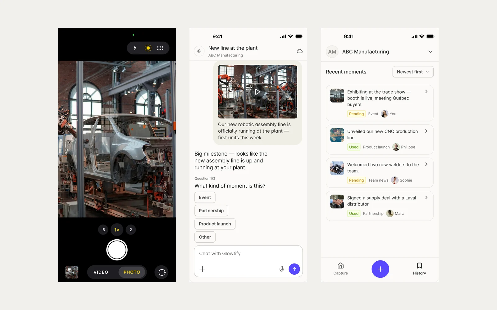 Trois écrans de l'application mobile Glowtify : l'appareil photo, les questions sur un moment, et l'historique des moments récents