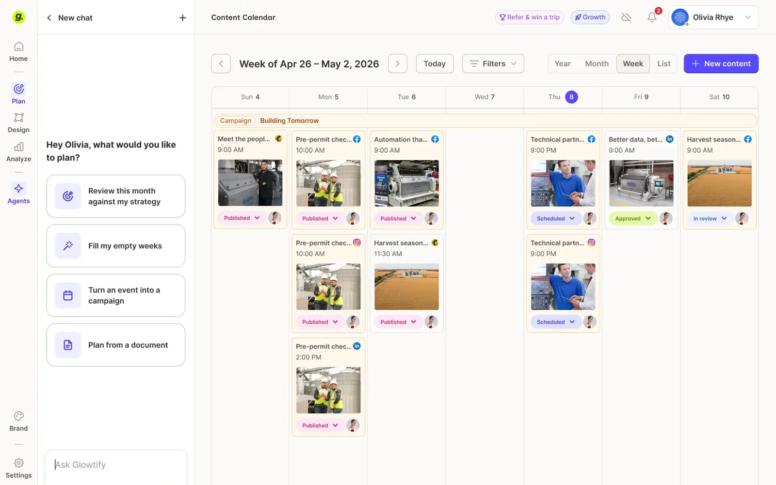Le calendrier de contenu de Glowtify où l'agent planificateur propose des publications pour la semaine