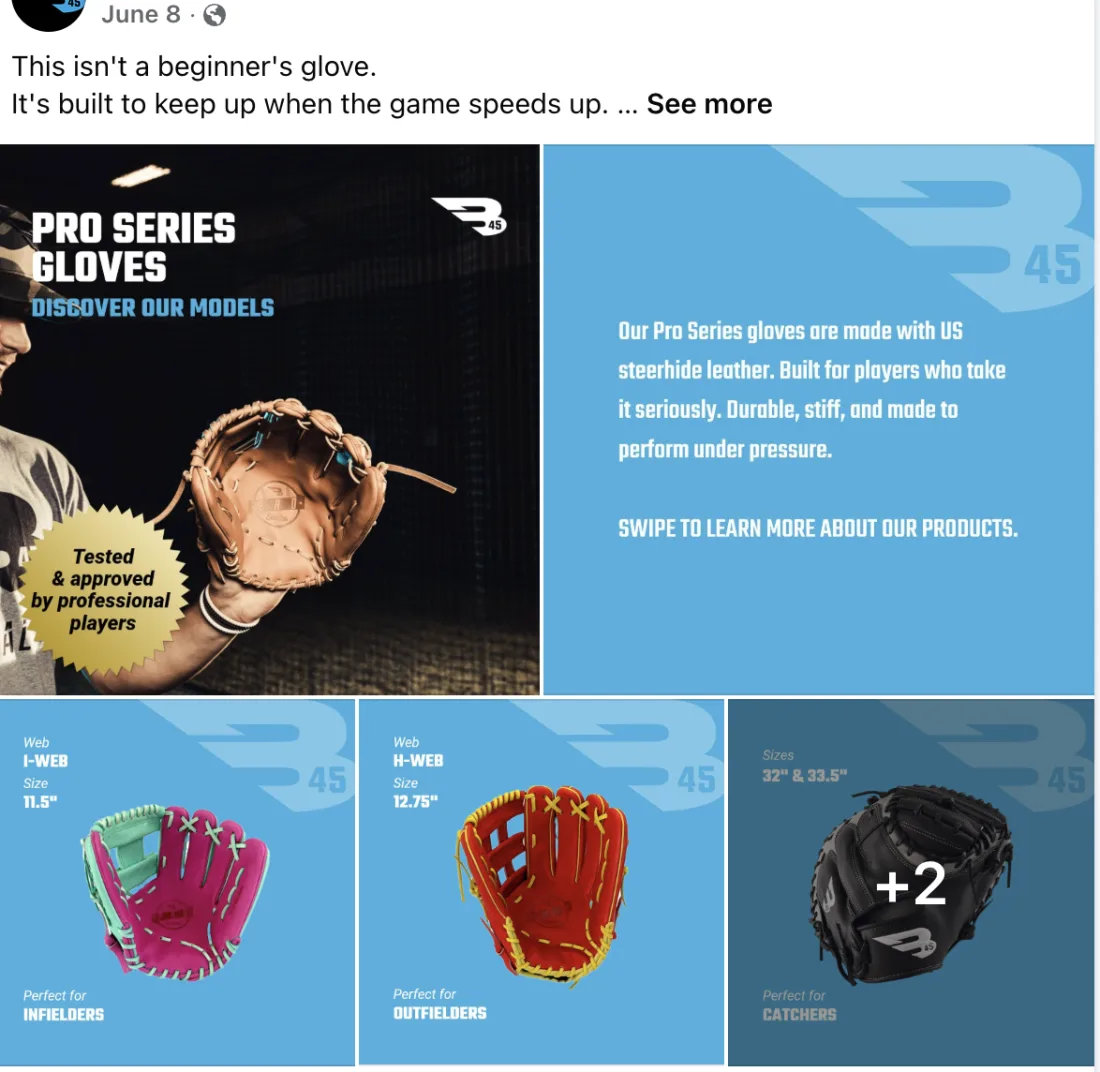 B45 Facebook carousel introducing the Pro Series gloves line