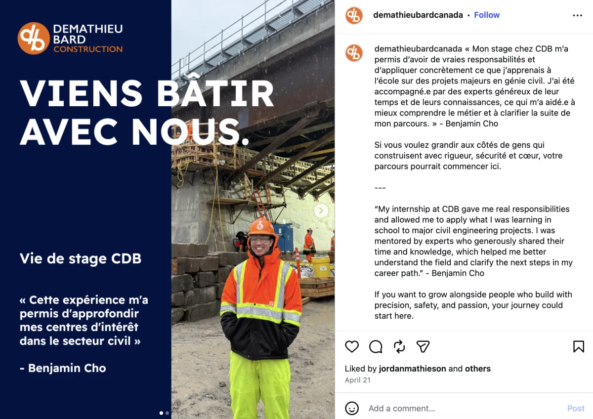 Demathieu Bard Instagram post: 'Viens bâtir avec nous' internship recruitment carousel with a bilingual caption