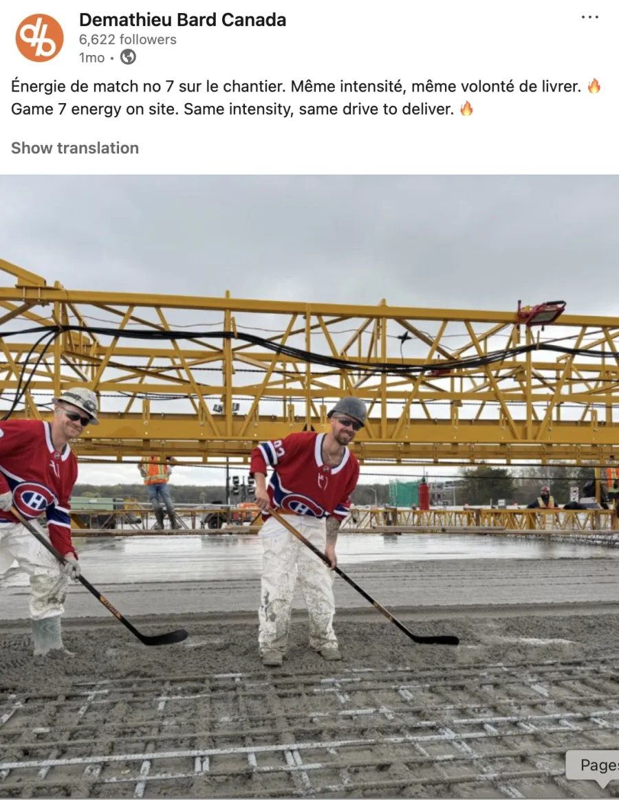 Demathieu Bard LinkedIn post: crew in hockey jerseys smoothing concrete, captioned 'Game 7 energy on site' in French and English