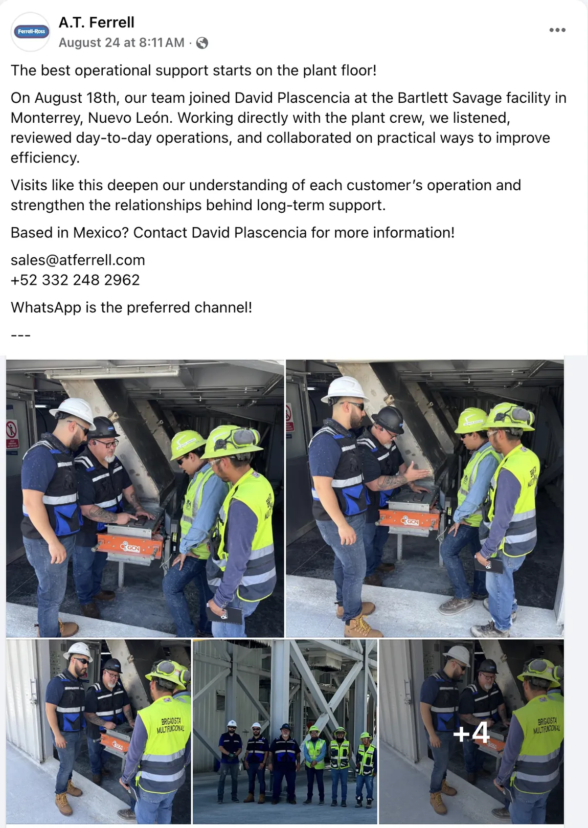 A.T. Ferrell Facebook post showing the team working with the plant crew at a customer facility in Monterrey