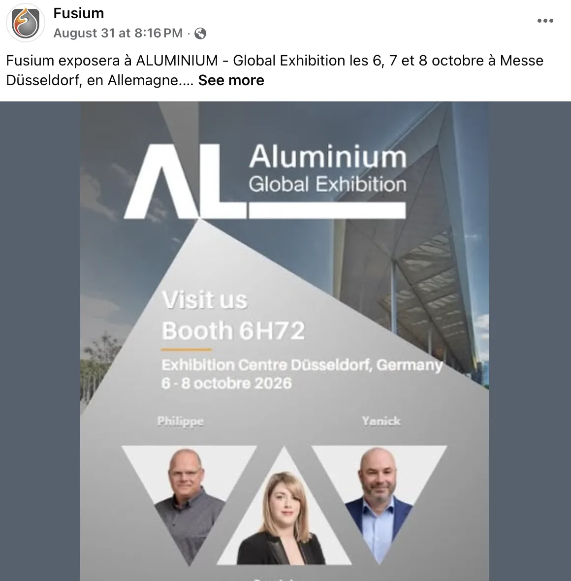 Publication Facebook de Fusium annonçant son kiosque au salon ALUMINIUM Global Exhibition à Düsseldorf