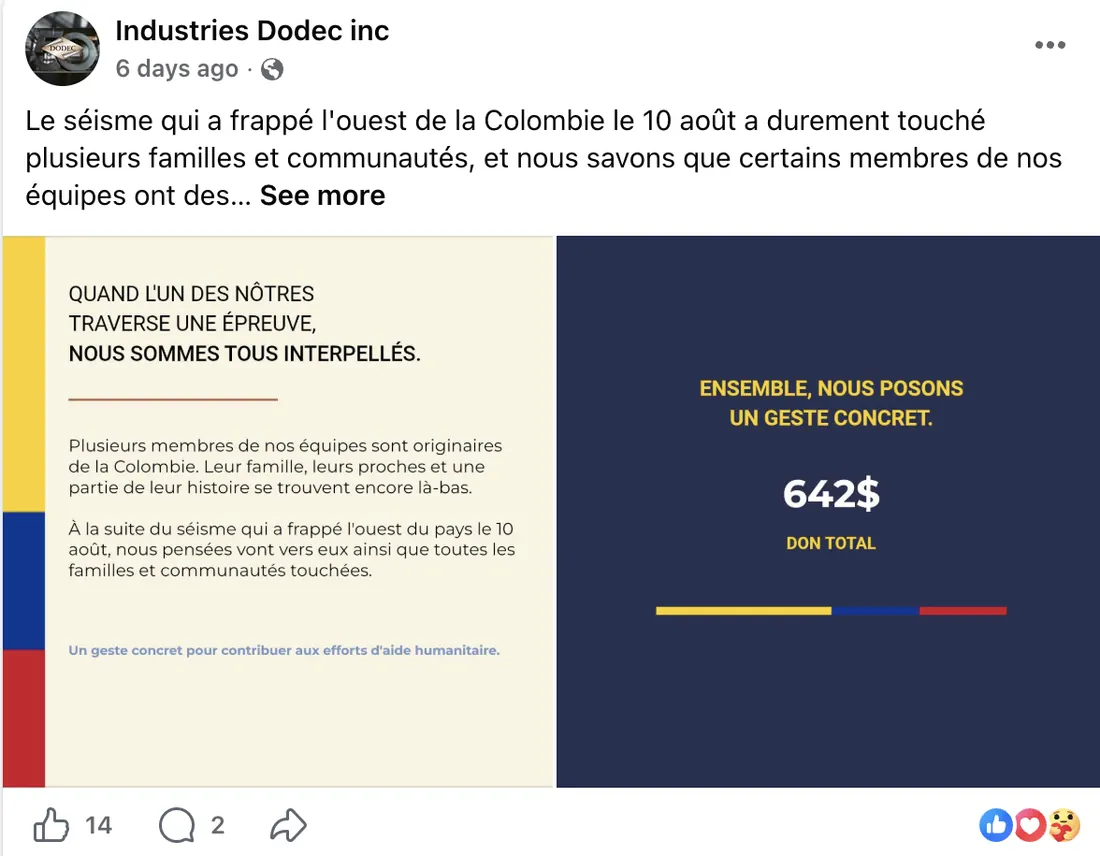 Industries Dodec Facebook post reporting a 642 dollar staff collection for families affected by the Colombia earthquake