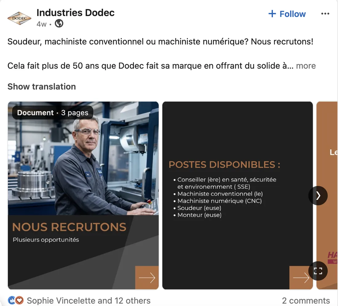 Industries Dodec LinkedIn document post advertising welder, machinist and CNC roles with a signing bonus