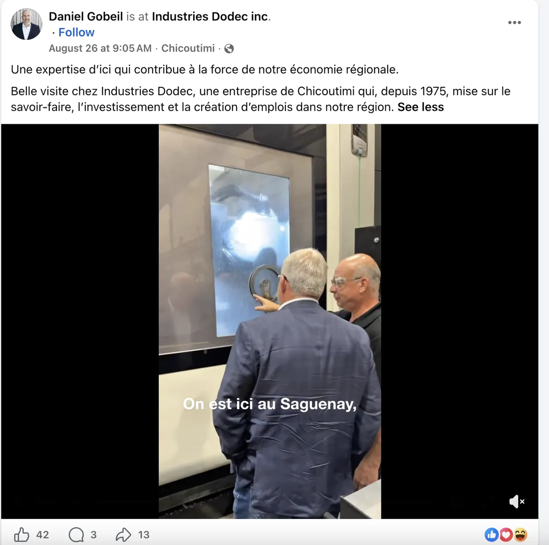 Facebook reel of a visitor touring the Industries Dodec machining floor in Chicoutimi