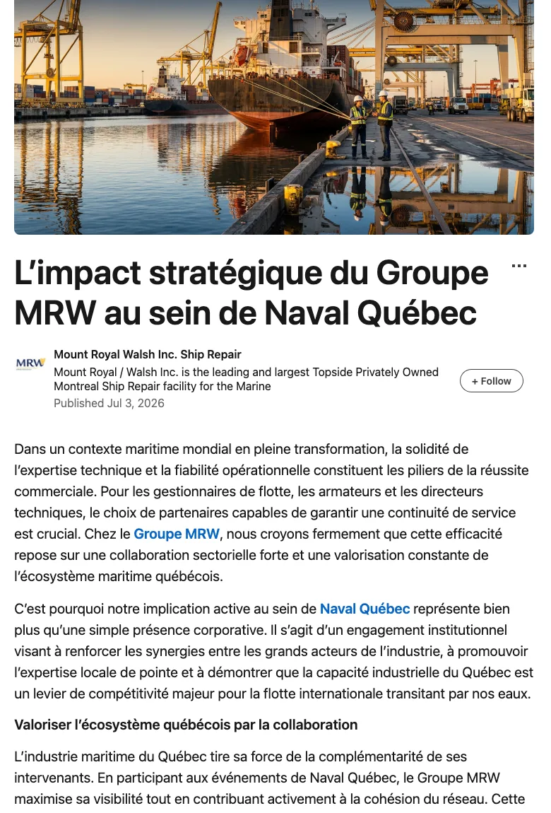 MRW Group LinkedIn article: the strategic impact of Groupe MRW within Naval Québec
