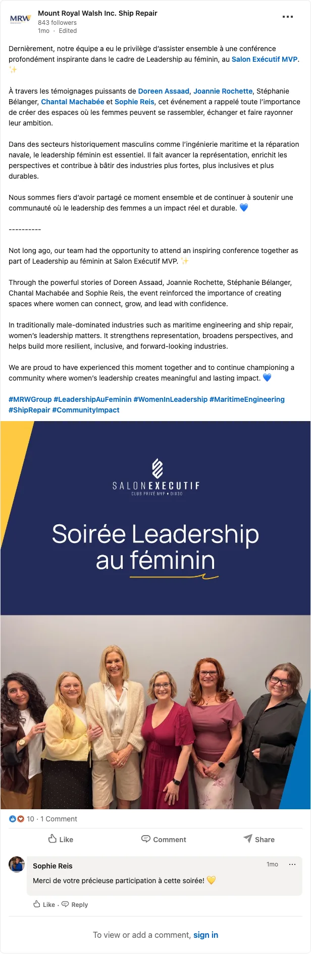 MRW Group bilingual LinkedIn post on women's leadership in maritime engineering and ship repair