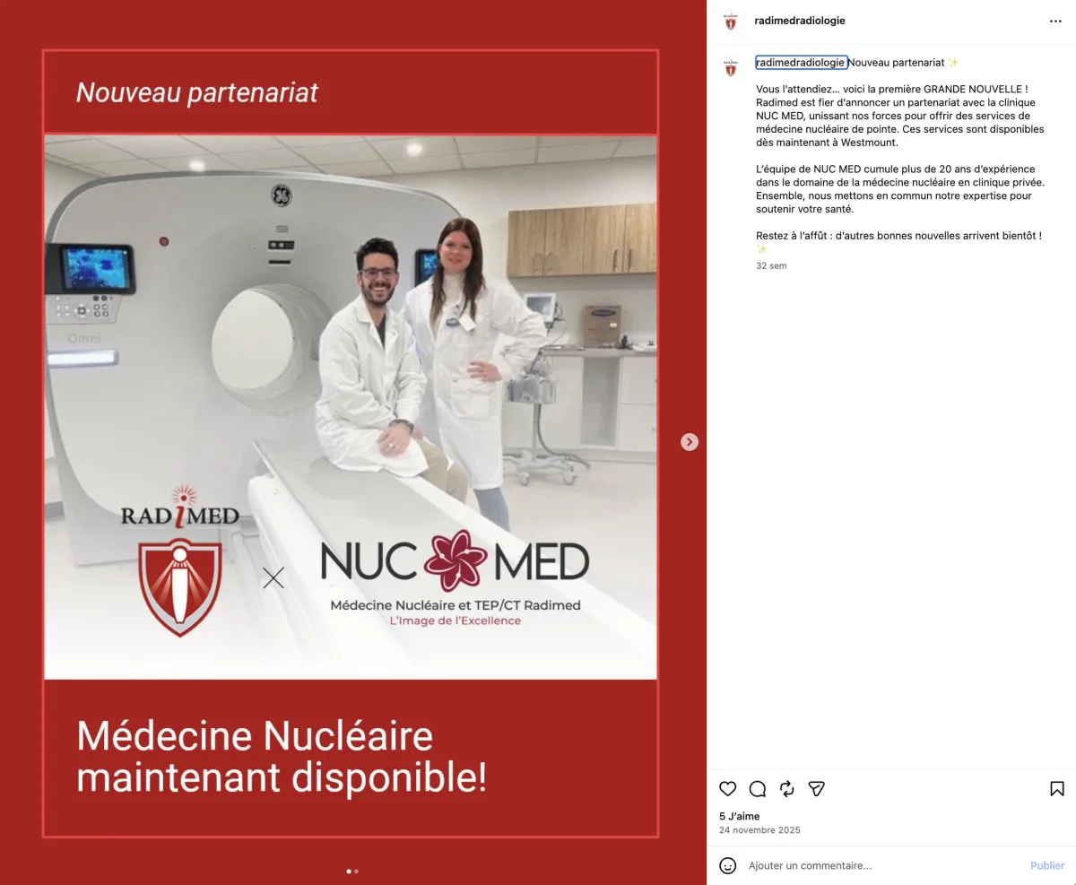 Radimed Instagram post announcing the NUC MED nuclear-medicine partnership