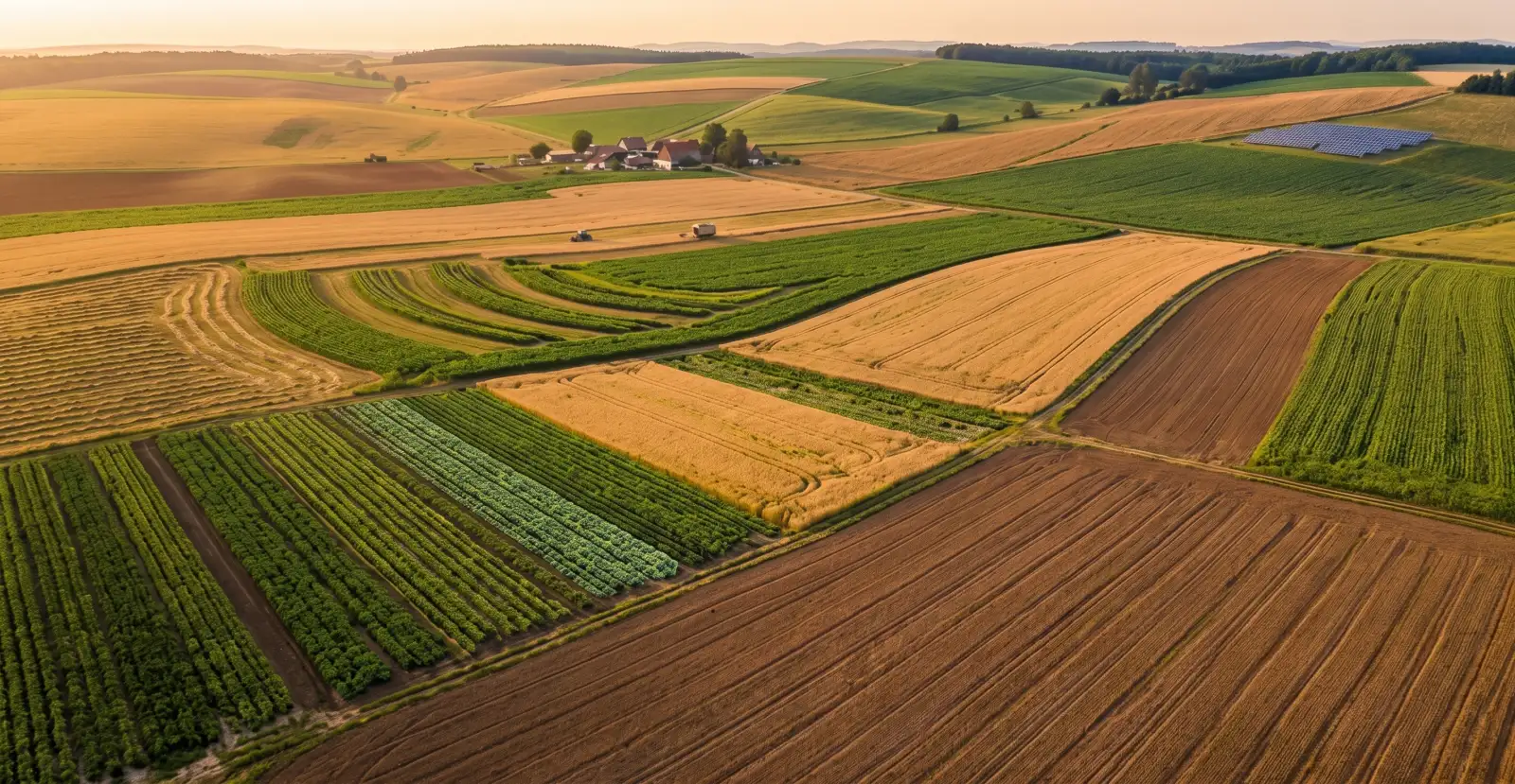 Aerial view of farmland at sunrise