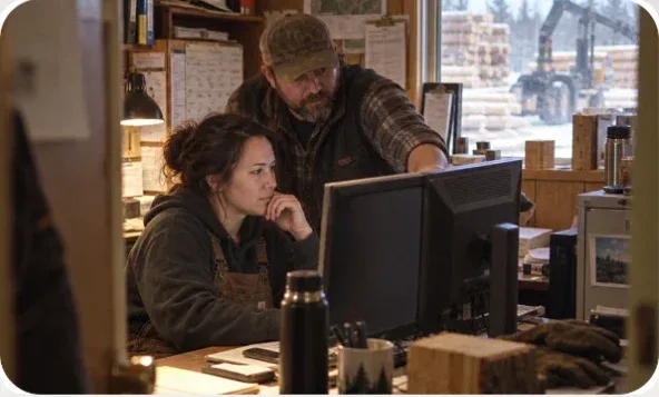 Two craftspeople working at an office computer