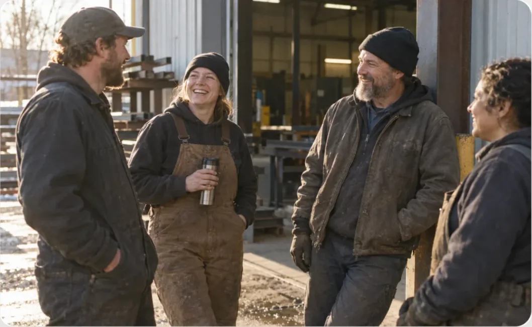 Workers talking outside their workshop