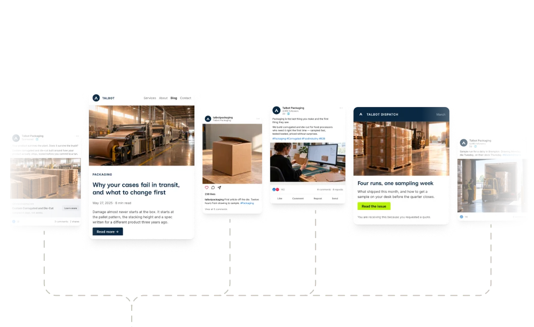 Talbot Packaging campaign previews across social media, a blog and a newsletter