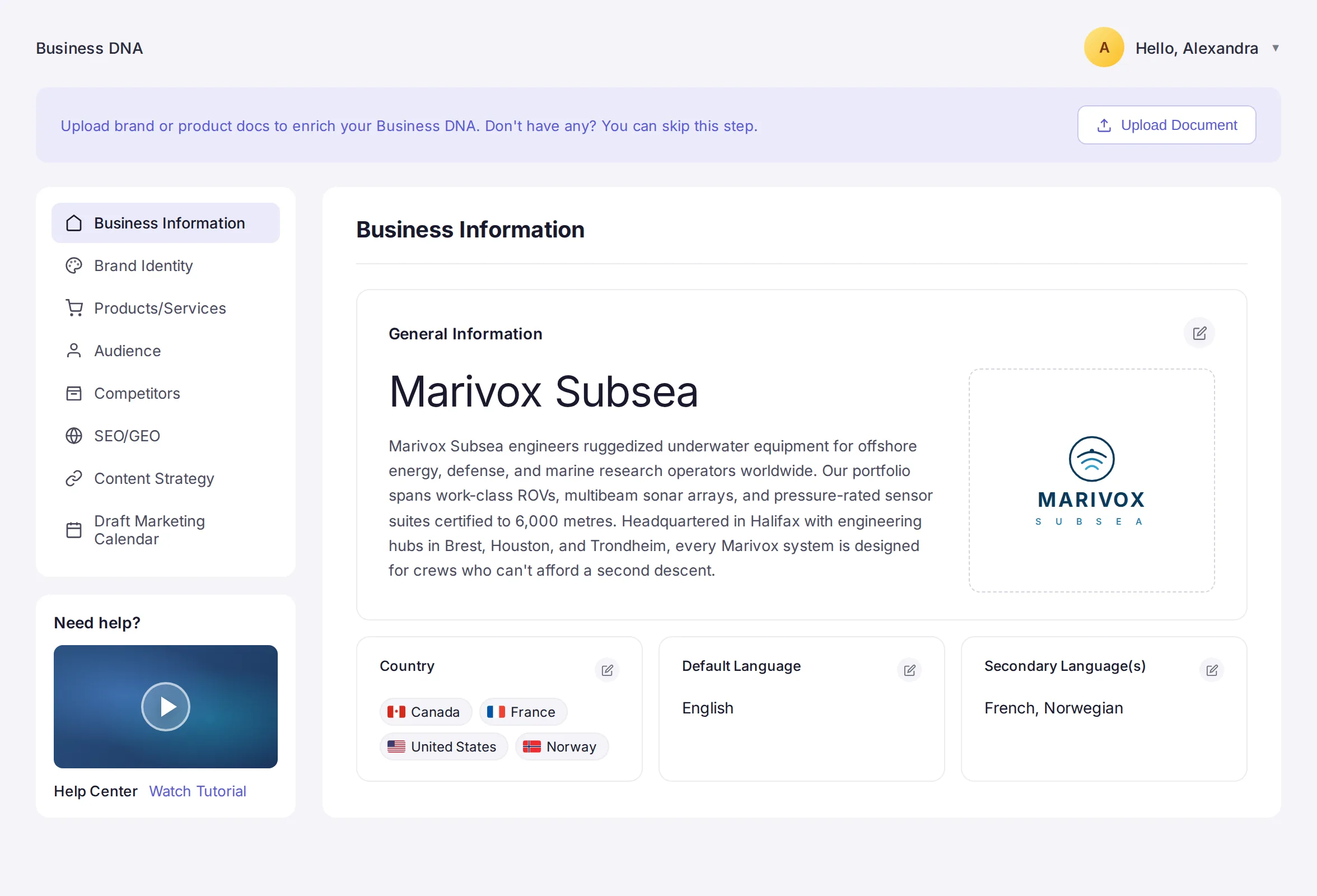 Glowtify Business DNA view