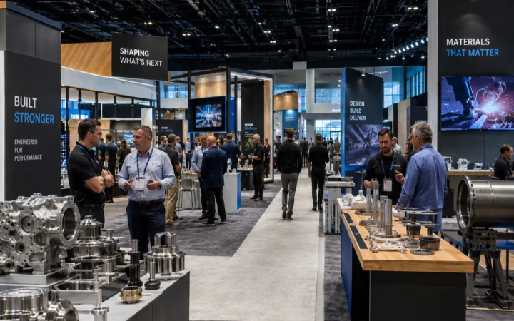 Booths and product displays on a trade show floor