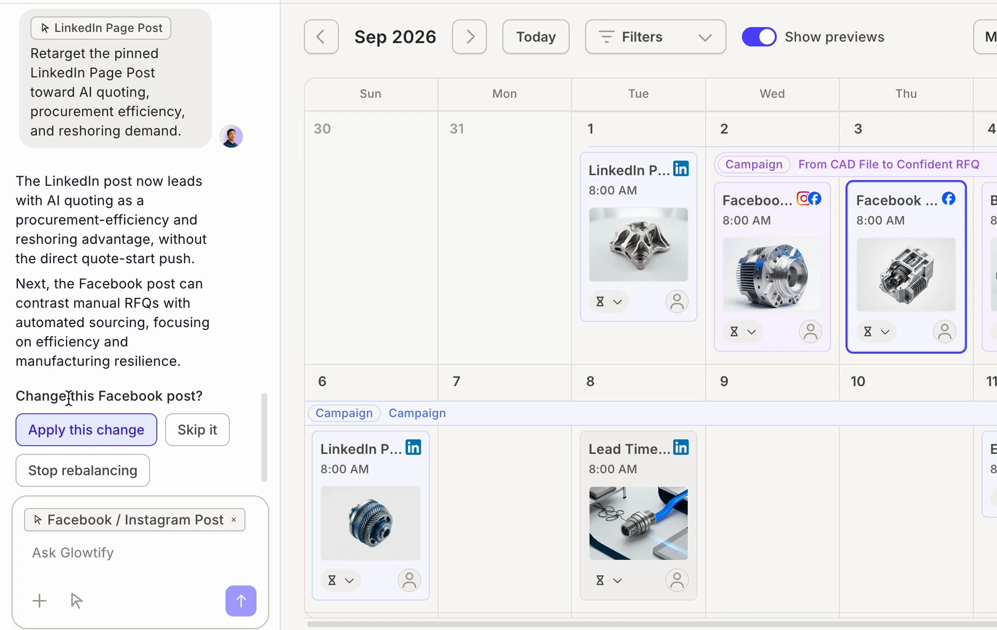Glowtify's Rebalance Walk proposing a change to a single scheduled post