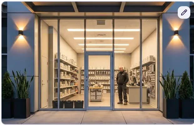 An industrial supply counter seen from the street at night